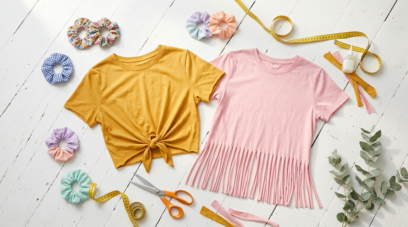 No-sew clothing hacks: a knotted T-shirt top, fringe tee and scrunchies on a white floor