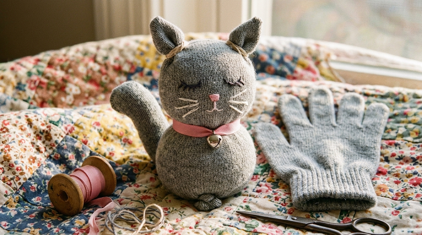 Gray glove kitten with pointed ears, a pink ribbon collar and thread whiskers
