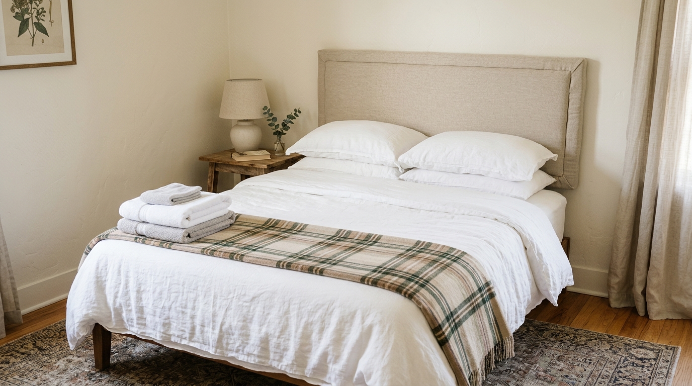 Before guests arrive guest bedroom with a no sew linen headboard on the wall