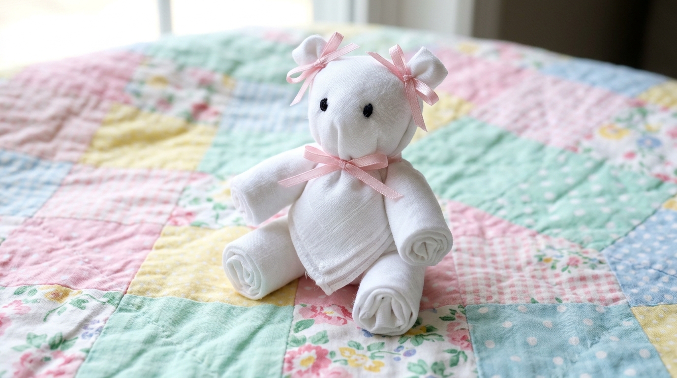 Teddy Roosevelt Teddy Bear craft: a no-sew bear folded from a white handkerchief with pink ribbons
