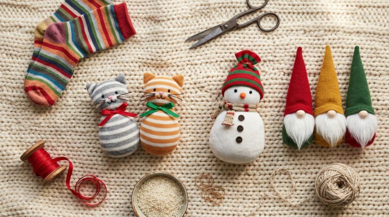 No-sew sock animals: sock kittens, a rice sock snowman and sock gnomes on a cream knit blanket