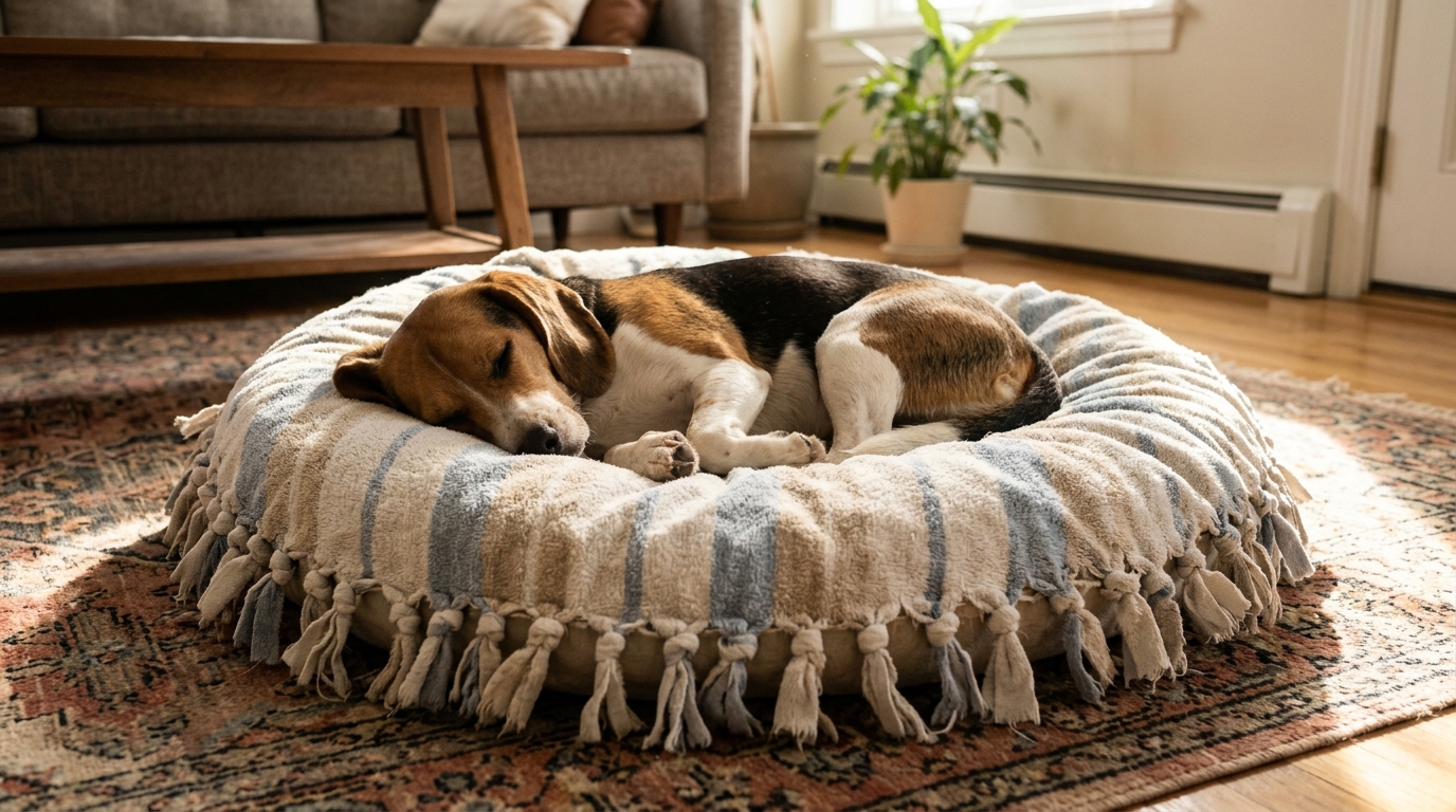 A beagle napping on a round dog bed covered with a striped towel tied with knotted fringe