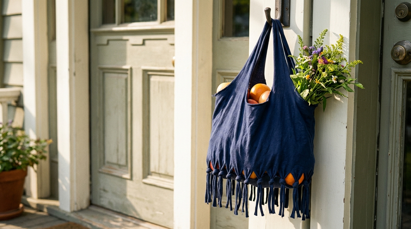 Navy T-shirt tote bag with knotted fringe bottom hanging by a door