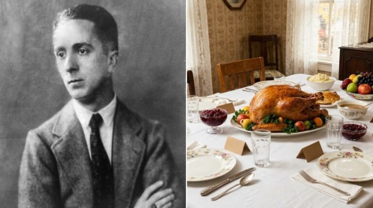 Norman Rockwell Thanksgiving inspiration: a 1921 portrait of Norman Rockwell beside a vintage Thanksgiving table with a roast turkey