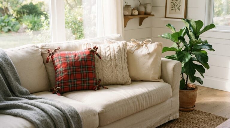 No-sew pillow covers in plaid, cream knit and canvas tote on a sunny sofa