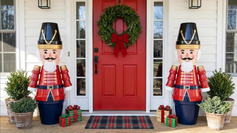 Life size nutcracker Christmas decor made from flower pots on both sides of a red front door