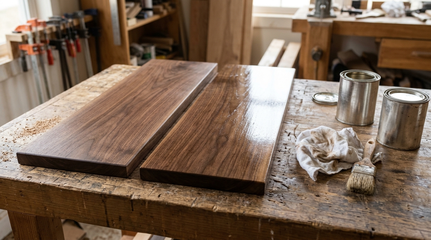 Two walnut boards compared, one with a satin oil finish and one with glossy varnish