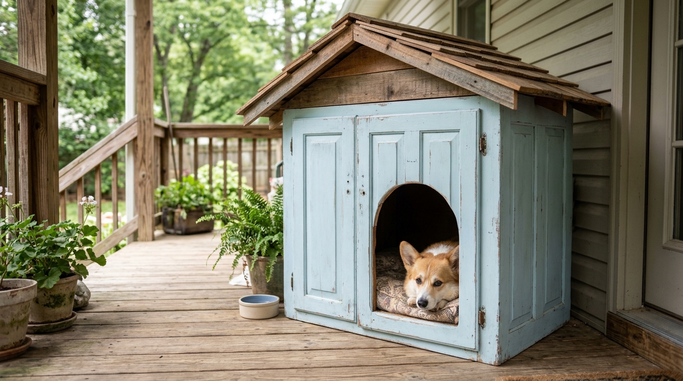 Corgi resting in a dog house made from an old blue painted kitchen cabinet on a porch