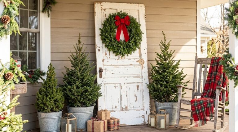 Old door ideas: chippy white vintage door with a Christmas wreath on a porch between potted evergreens