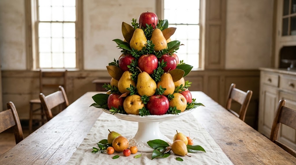 Old fashioned Thanksgiving apple and pear pyramid centerpiece on a white cake stand