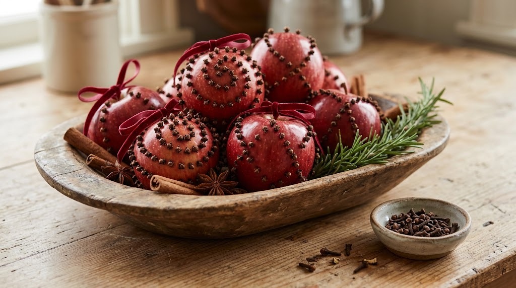 Old fashioned Thanksgiving clove pomander apples tied with red ribbon in a wooden dough bowl