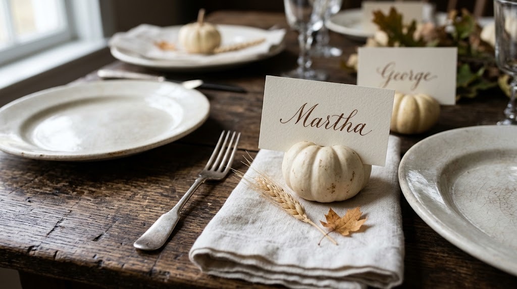 Handwritten copperplate place cards tucked by mini white pumpkins on a rustic table