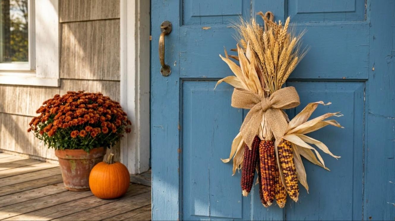 Old fashioned Thanksgiving door bundle of dried Indian corn and wheat tied with a burlap bow on a blue door