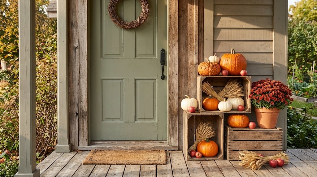 Stacked wooden crates with pumpkins, mums and wheat beside a sage green farmhouse door