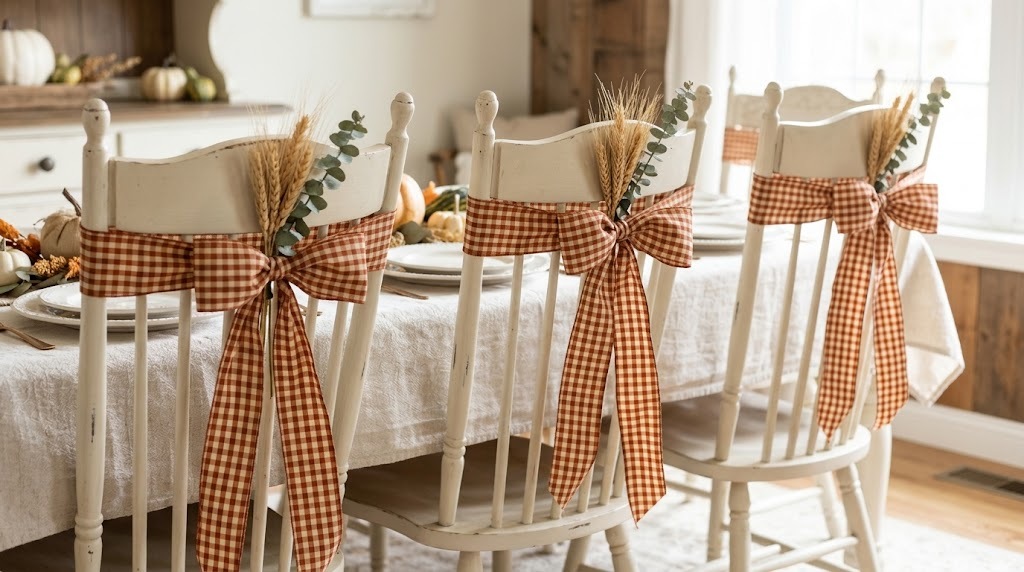 White spindle chairs tied with rust and cream gingham ribbon bows and wheat bundles