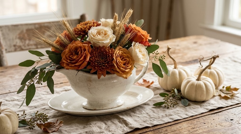 Ironstone gravy boat filled with orange roses, rust mums and wheat beside white pumpkins