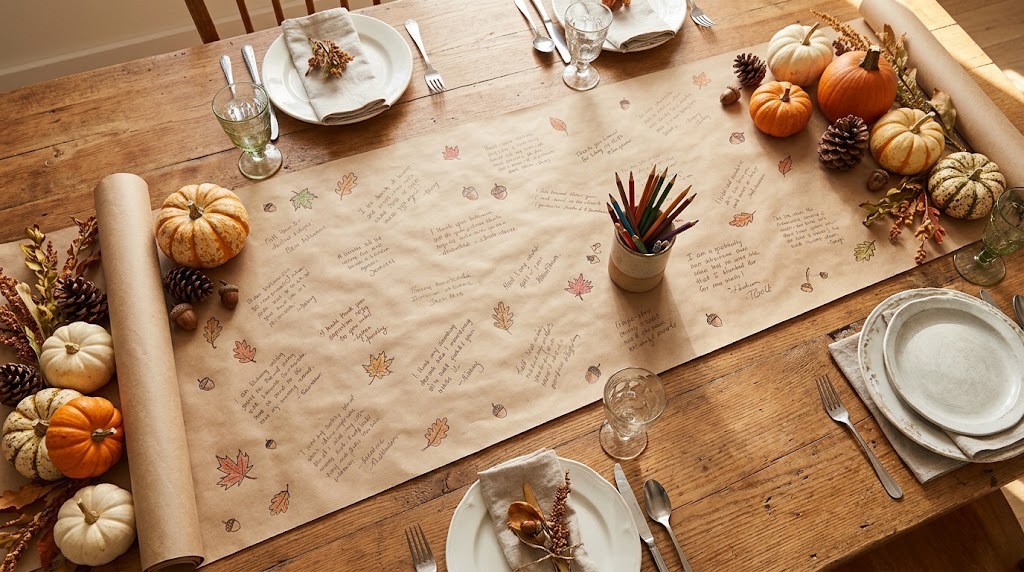 Old fashioned Thanksgiving brown kraft paper table runner covered in handwritten gratitude notes