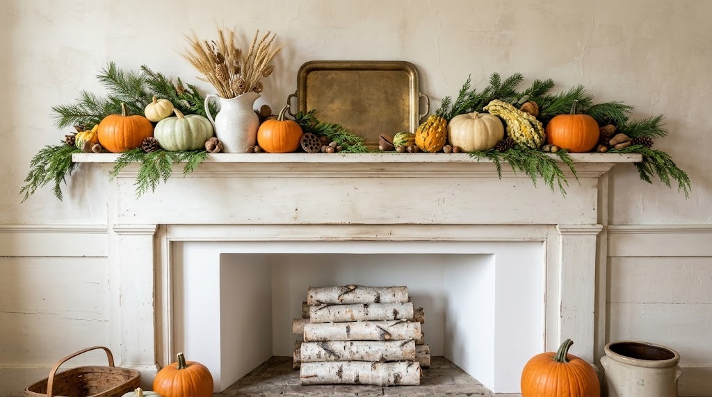 White mantel decorated with pumpkins, heirloom squash, pine branches and a pitcher of wheat, empty fireplace below