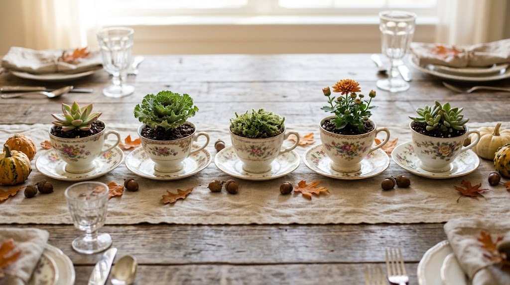 Old fashioned Thanksgiving table with vintage floral teacups planted with succulents and mums