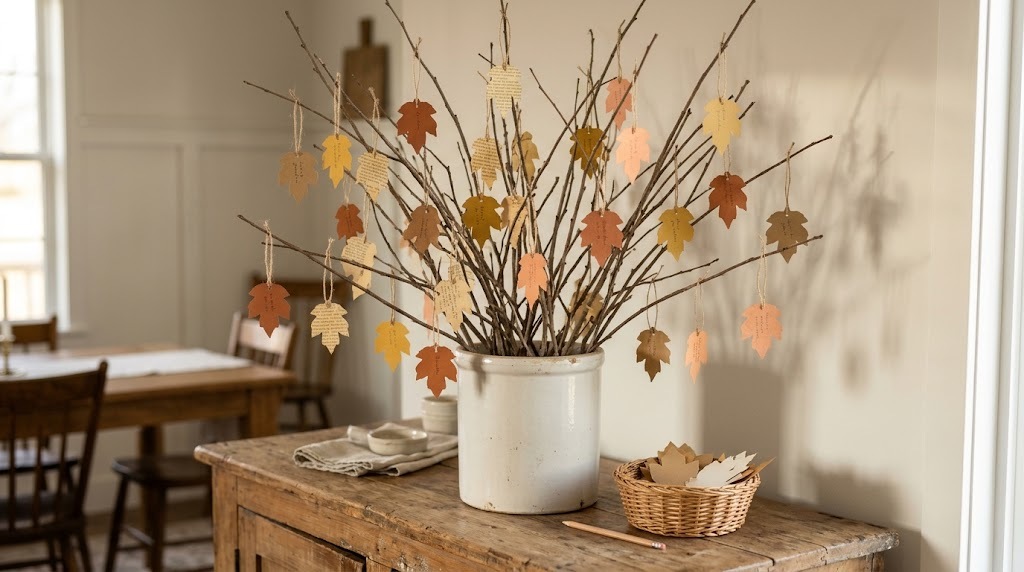 Thankful tree of bare branches in a crock hung with kraft paper leaves