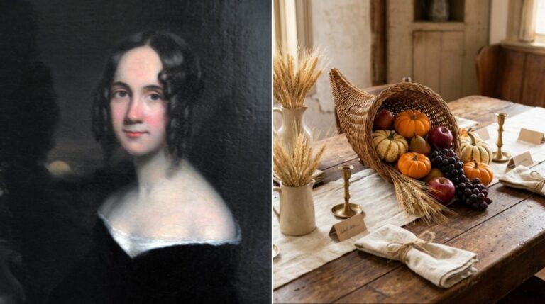 Old fashioned Thanksgiving decor: portrait of Sarah Josepha Hale beside a wicker cornucopia centerpiece with gourds, apples and wheat