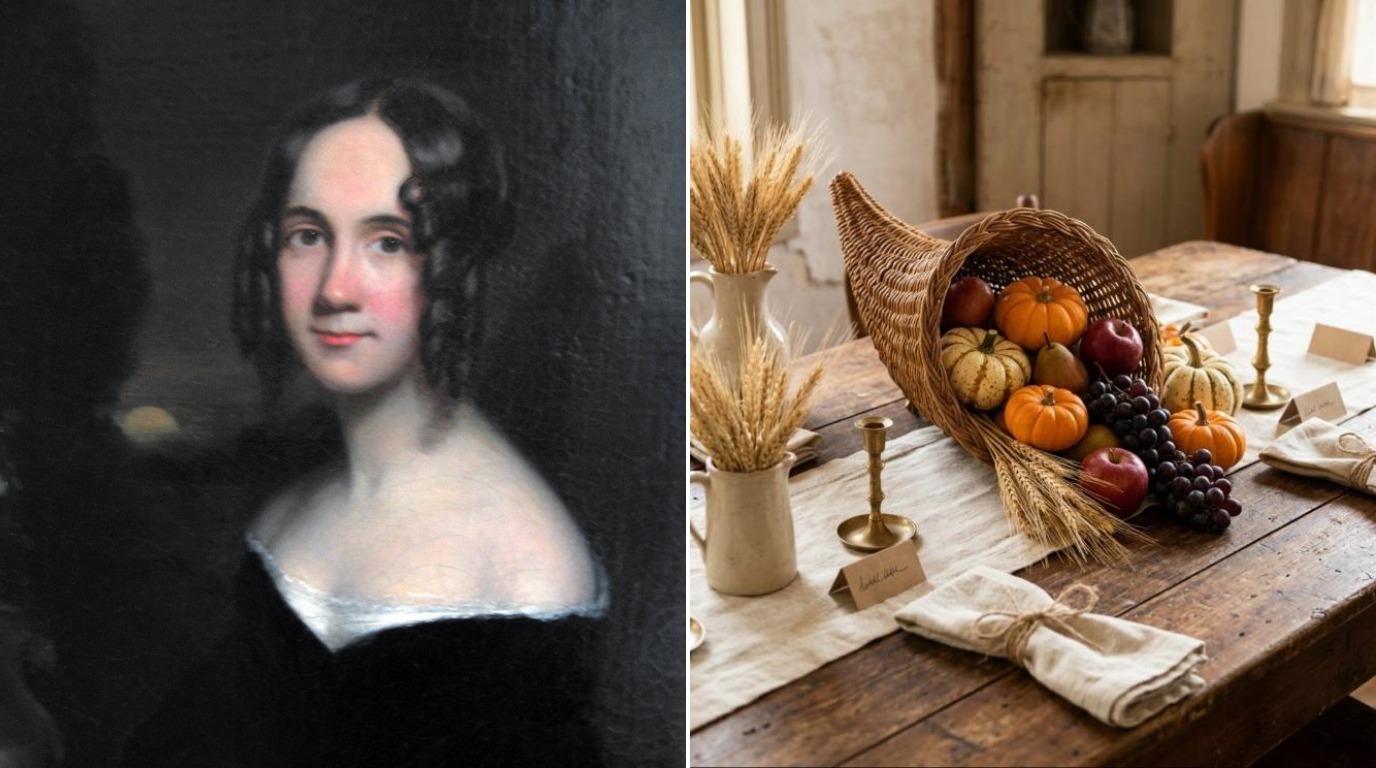 Old fashioned Thanksgiving decor: portrait of Sarah Josepha Hale beside a wicker cornucopia centerpiece with gourds, apples and wheat