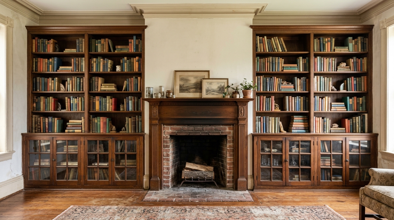 Built in wooden bookcases on both sides of a fireplace with glass doors below