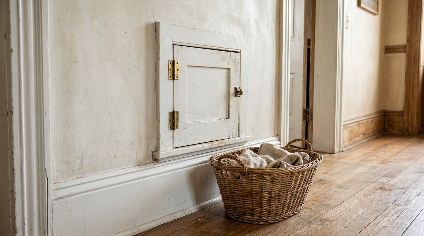Old laundry chute door built into an upstairs hallway wall with a basket below