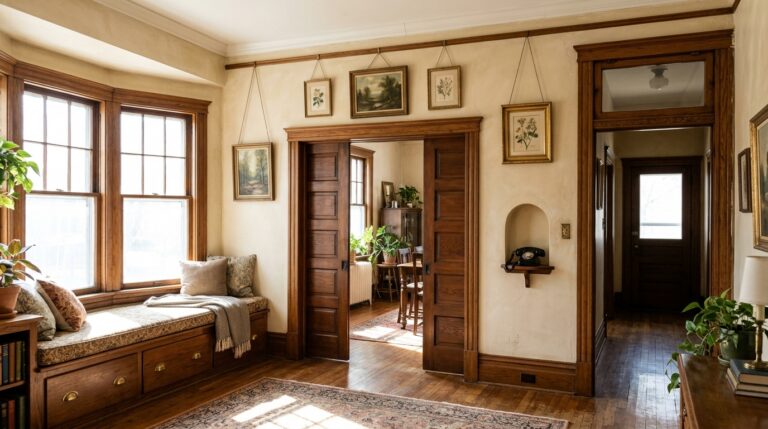 Old house features in a sunny home: a window seat with drawers, pocket doors, a phone nook, a transom and a picture rail