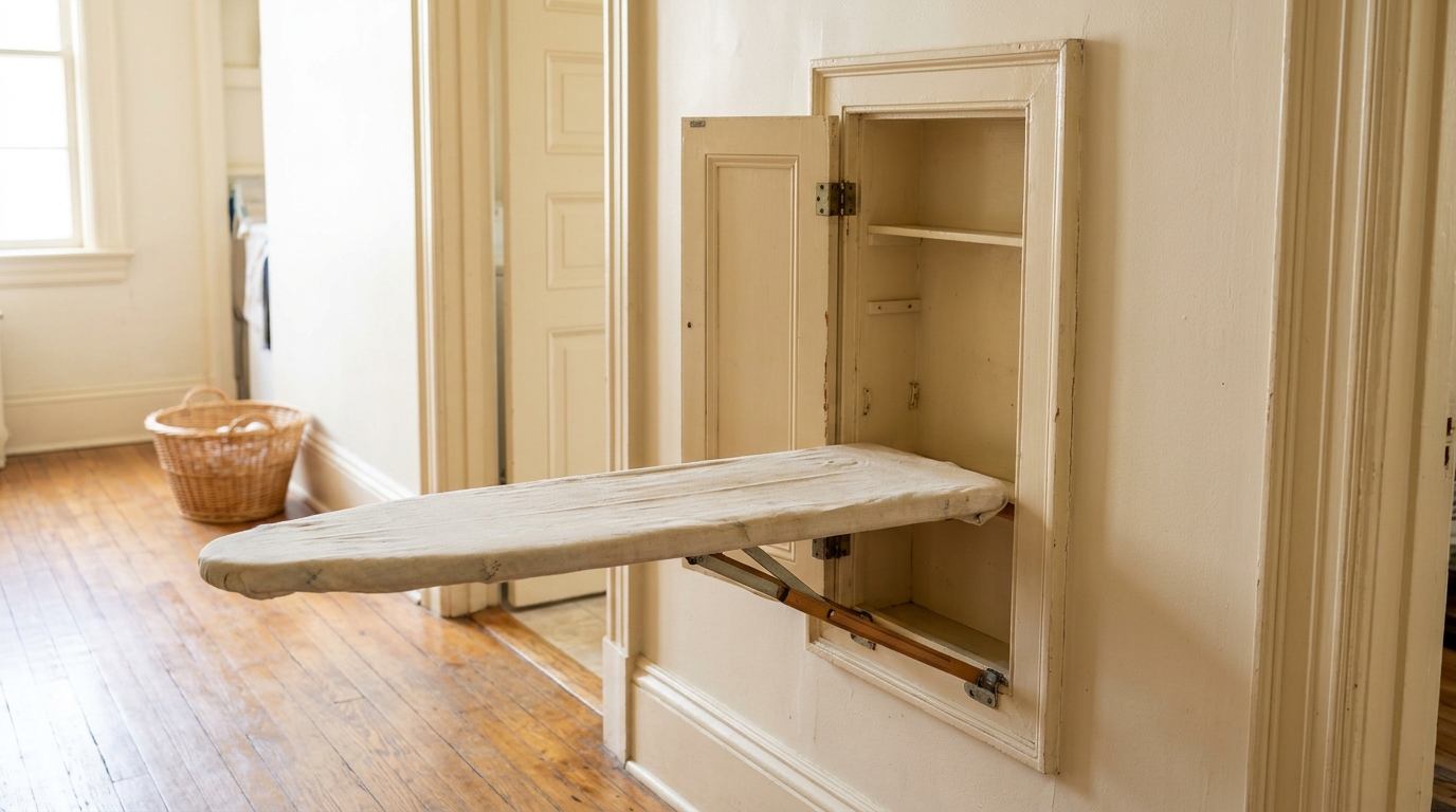 Built in ironing board folding down from a narrow cream wall cabinet in an old house hallway