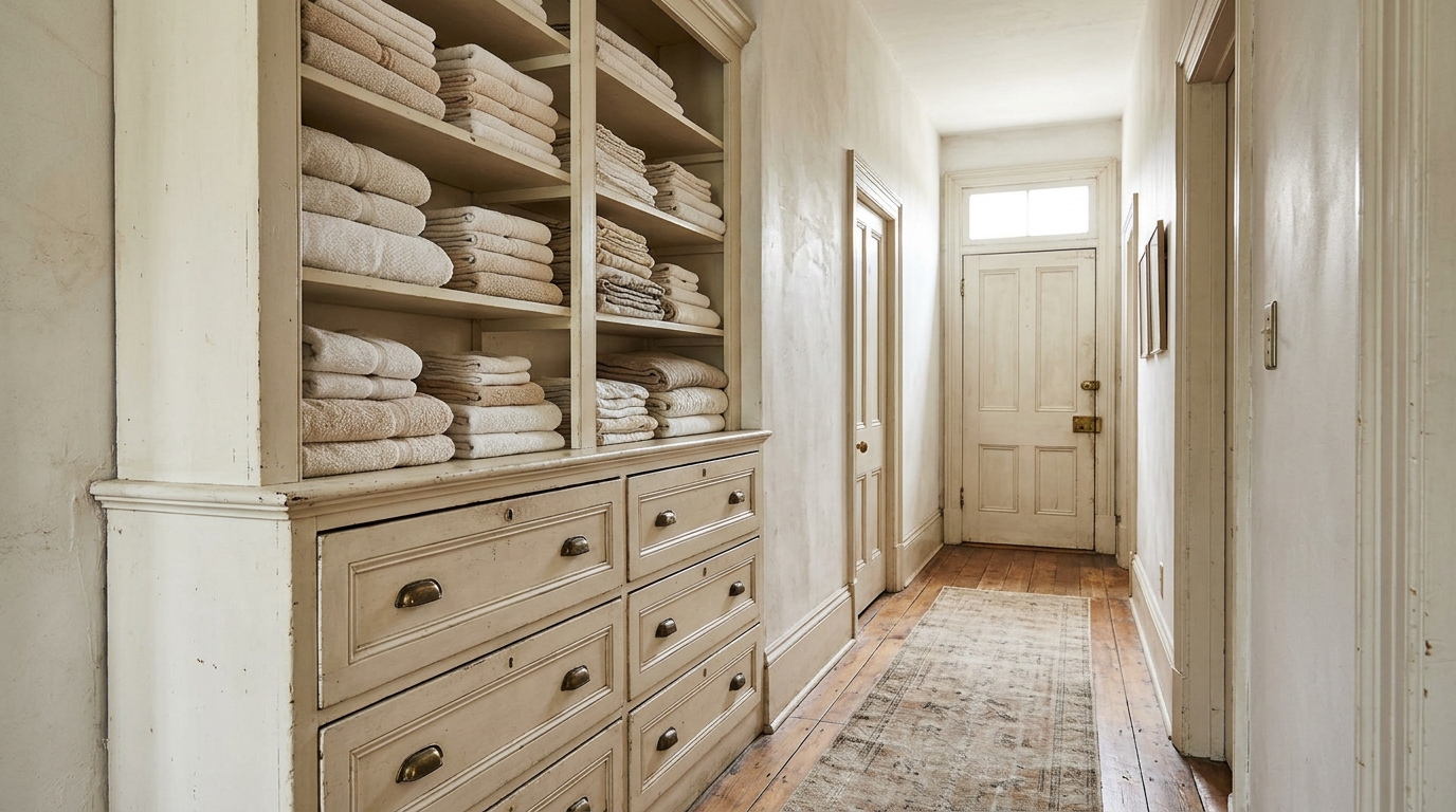 Tall built in linen closet in an old hallway with deep drawers and shelves of towels
