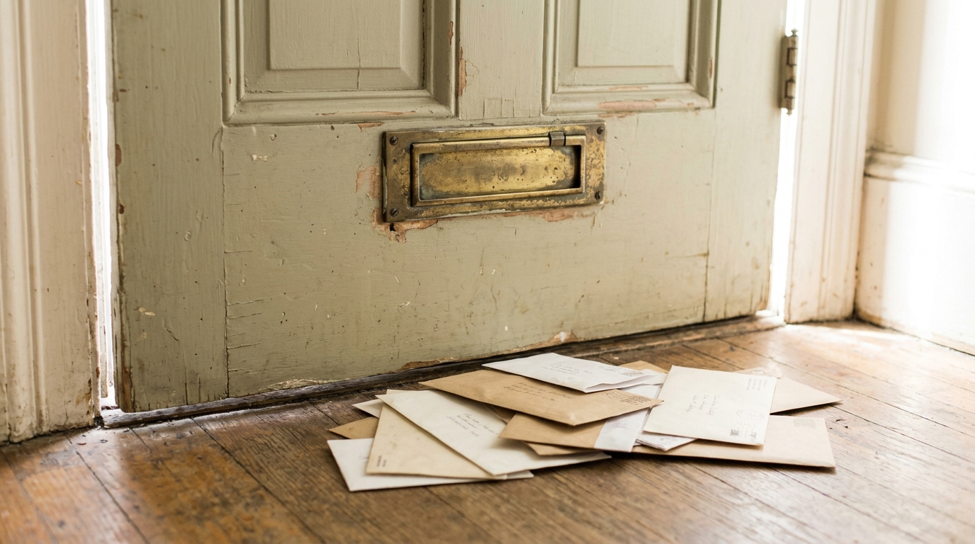Brass mail slot in a painted wooden front door with letters on the floor inside