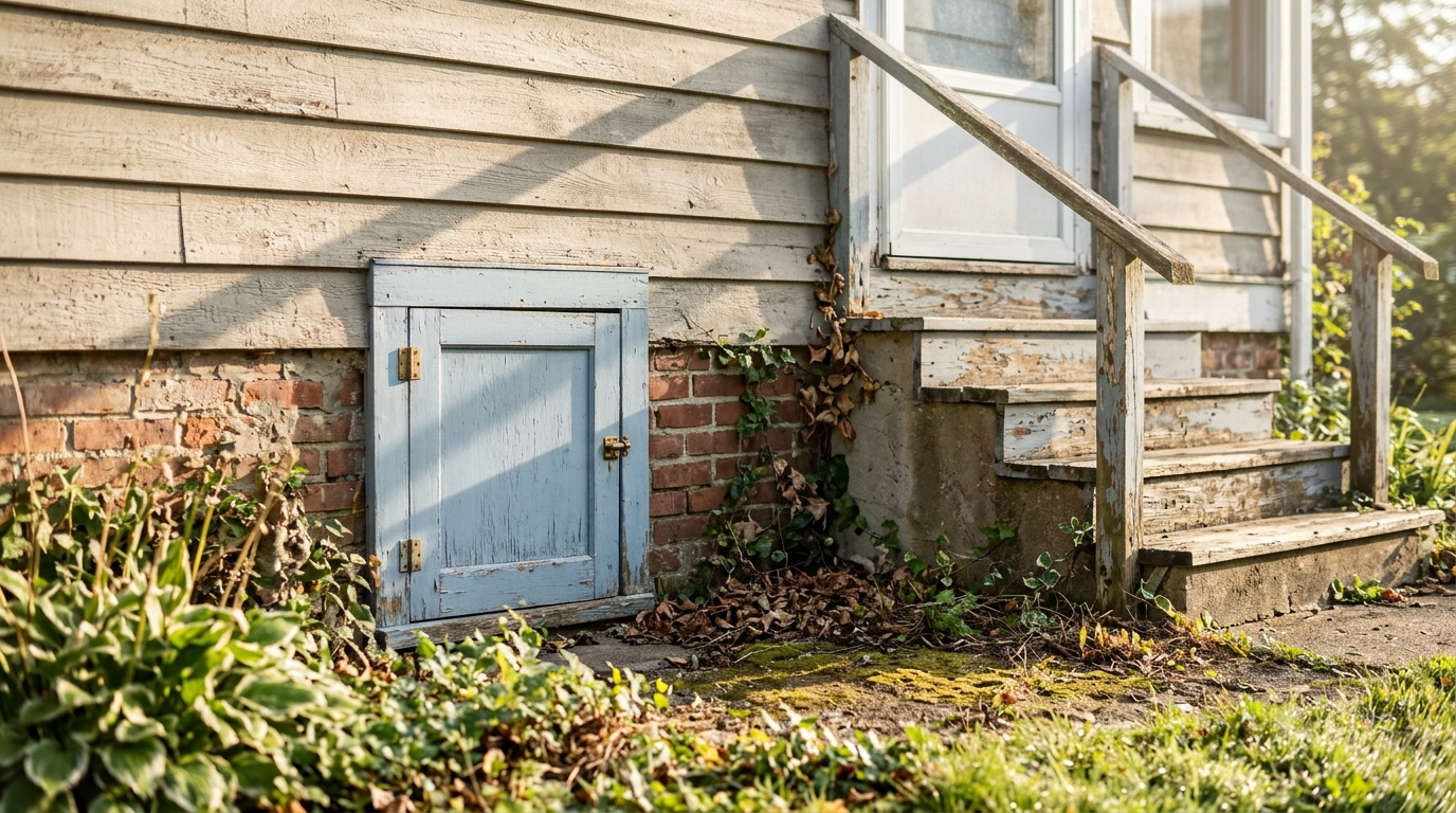 Old house features: a small blue painted milk delivery door built into the outside wall of an old house by the back steps