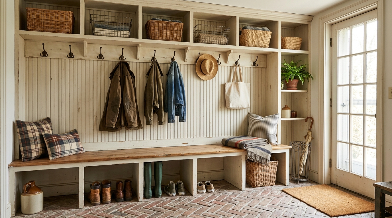 Old house features mudroom with a built in wooden bench, cubbies, hooks, boots and baskets