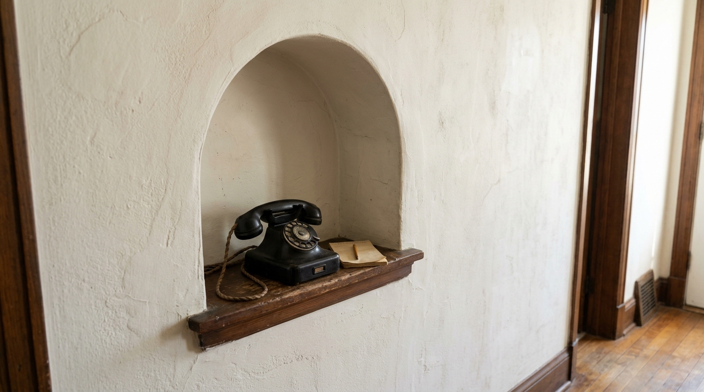 Small arched telephone nook in a hallway wall holding a vintage rotary phone