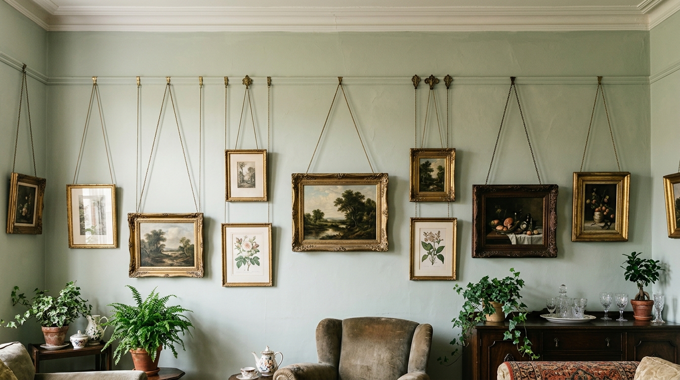 Vintage living room wall with a picture rail near the ceiling and paintings hanging on cords