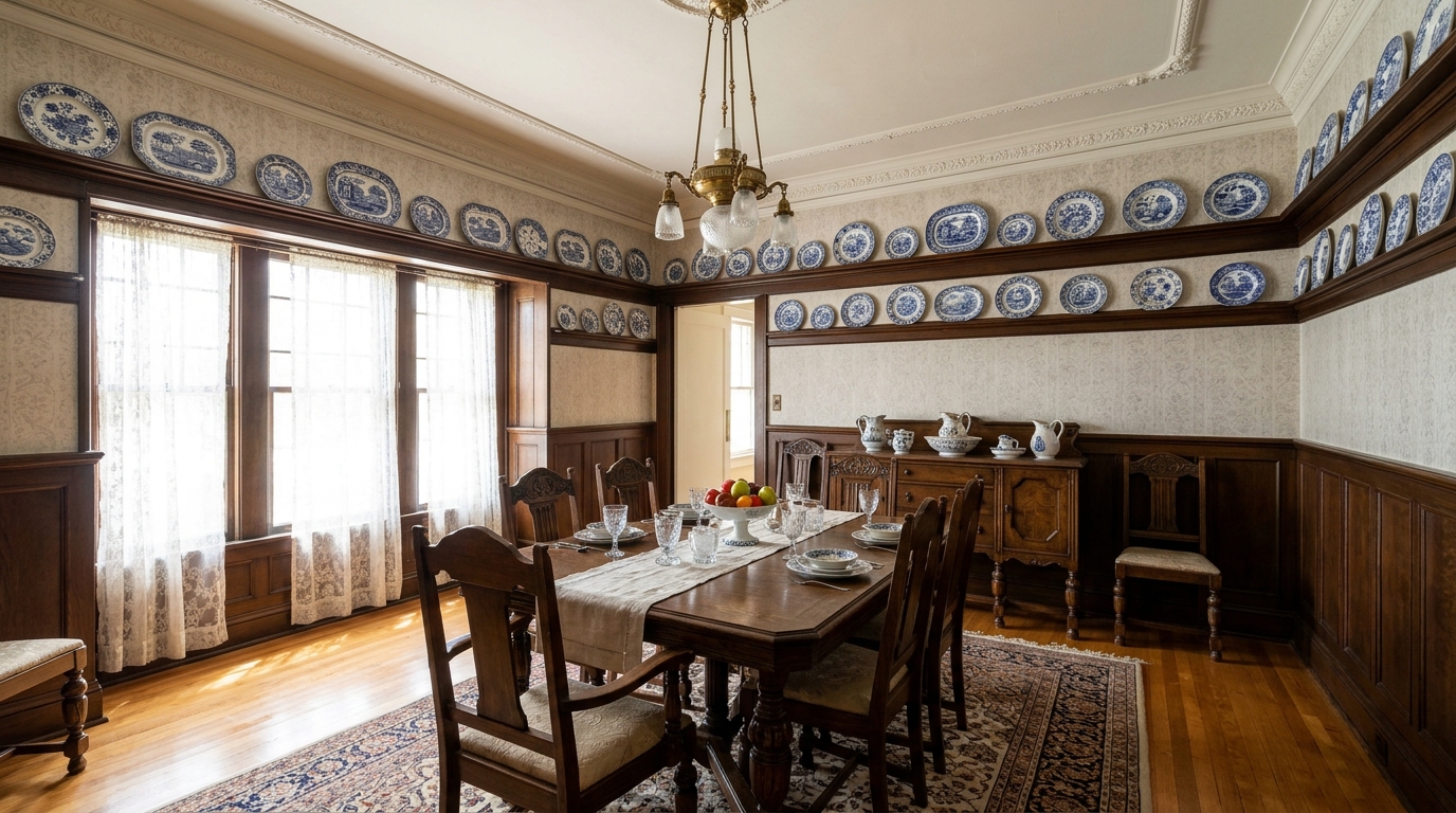 Vintage dining room with a plate rail shelf near the ceiling showing blue and white plates
