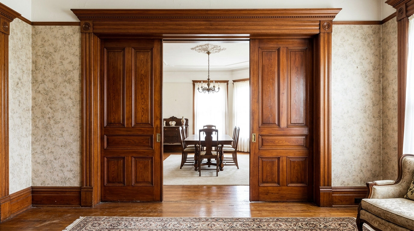 Old house features: tall wooden pocket doors half slid open between a parlor and a dining room