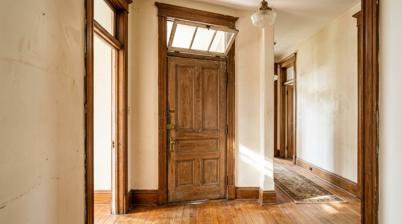 Vintage hallway with a tall wooden door topped by a hinged transom window tilted open
