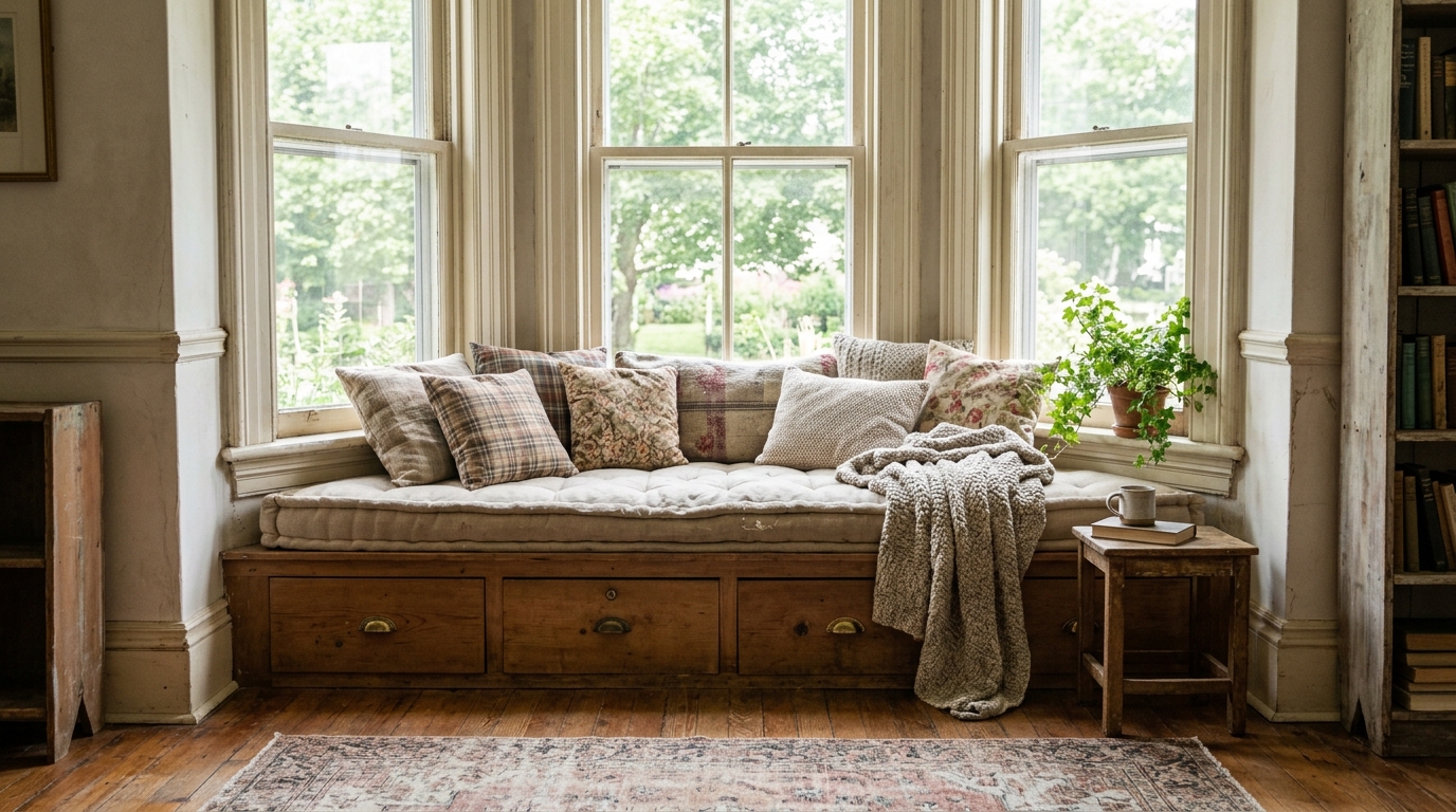 Old house features window seat under a bay window with cushions and storage drawers below