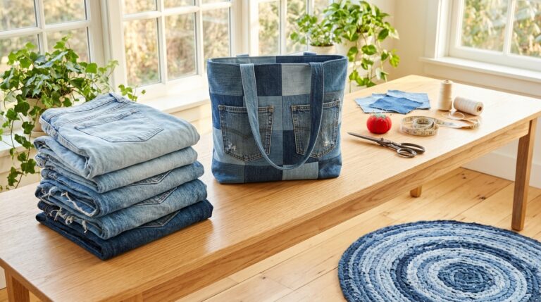Old jeans upcycles: a patchwork denim tote with pockets beside a stack of faded jeans