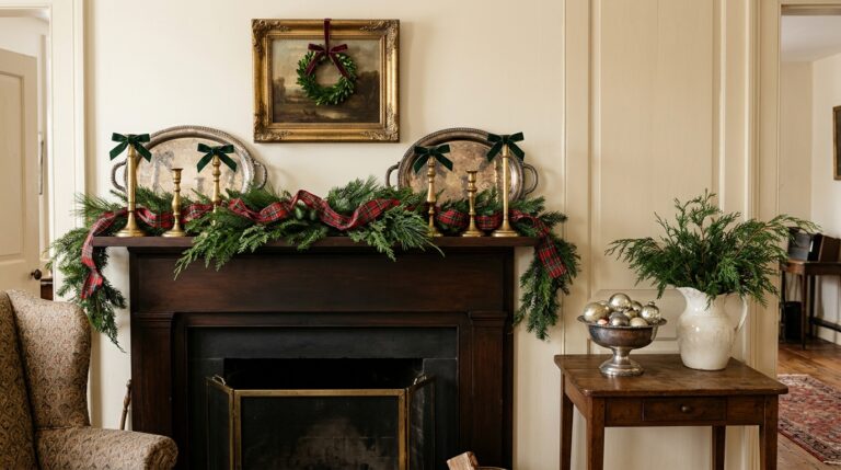 Old Money Christmas mantel styled with thrifted silver trays, brass candlesticks topped with velvet bows and a tartan ribbon garland