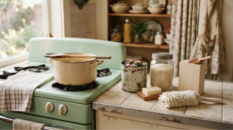 Old school household hacks on a vintage kitchen counter with a wooden spoon across a pot, button tin and soap
