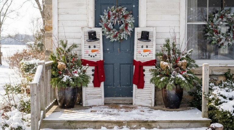 Old Shutter Ideas snowman painted white shutters with red scarves and top hats on a snowy porch