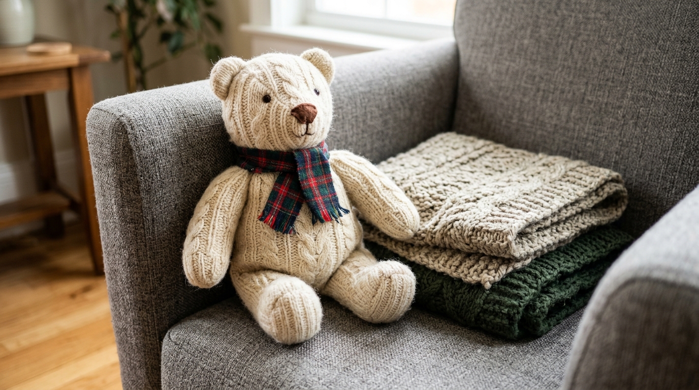 Cream cable knit sweater teddy bear with a tartan scarf in a gray armchair