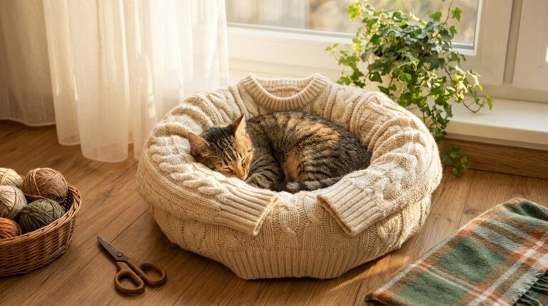 Old sweater upcycles: tabby cat sleeping in a round bed made from a cream cable-knit sweater by a sunny window
