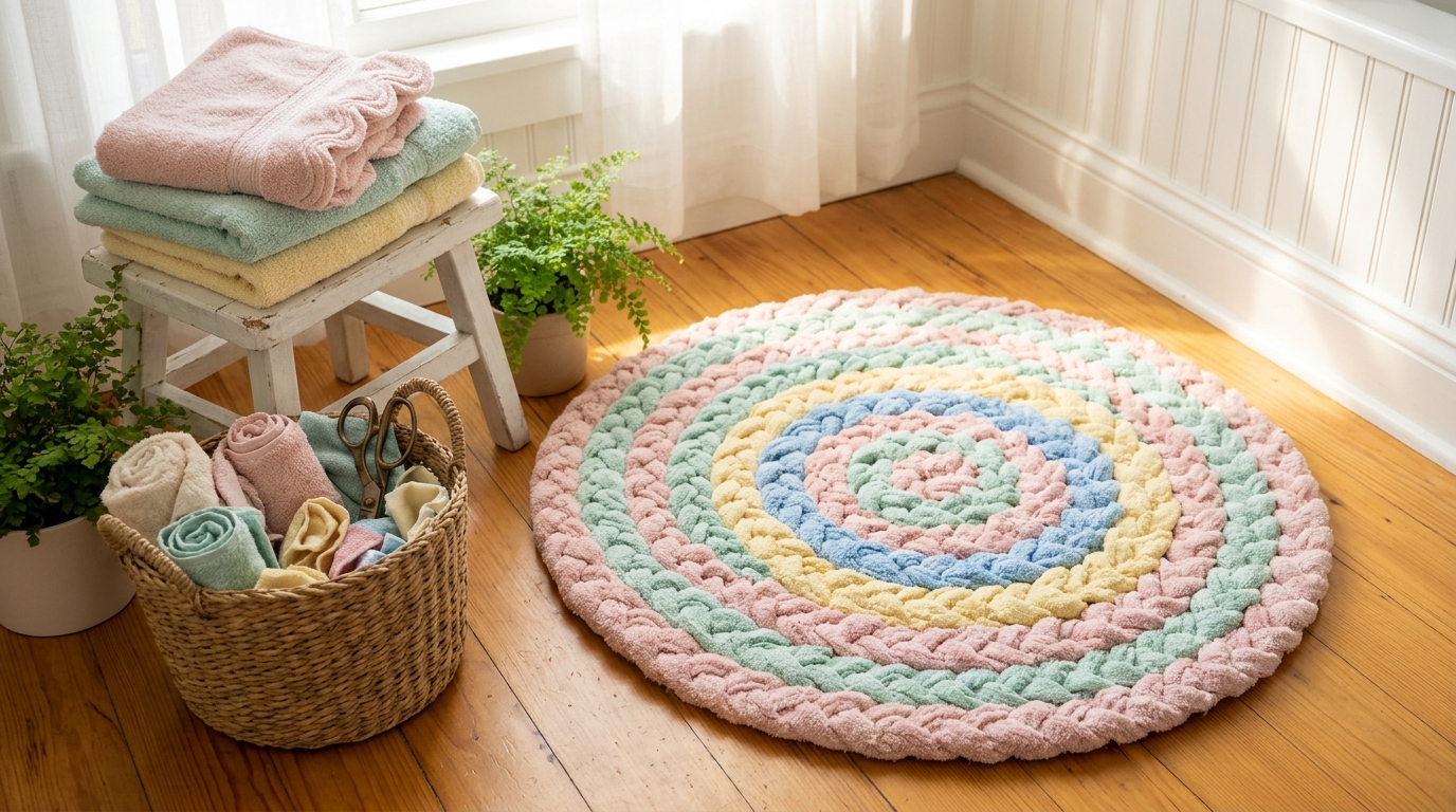 Old towel upcycles: a round braided pastel bath mat made from towel strips beside a stack of folded towels