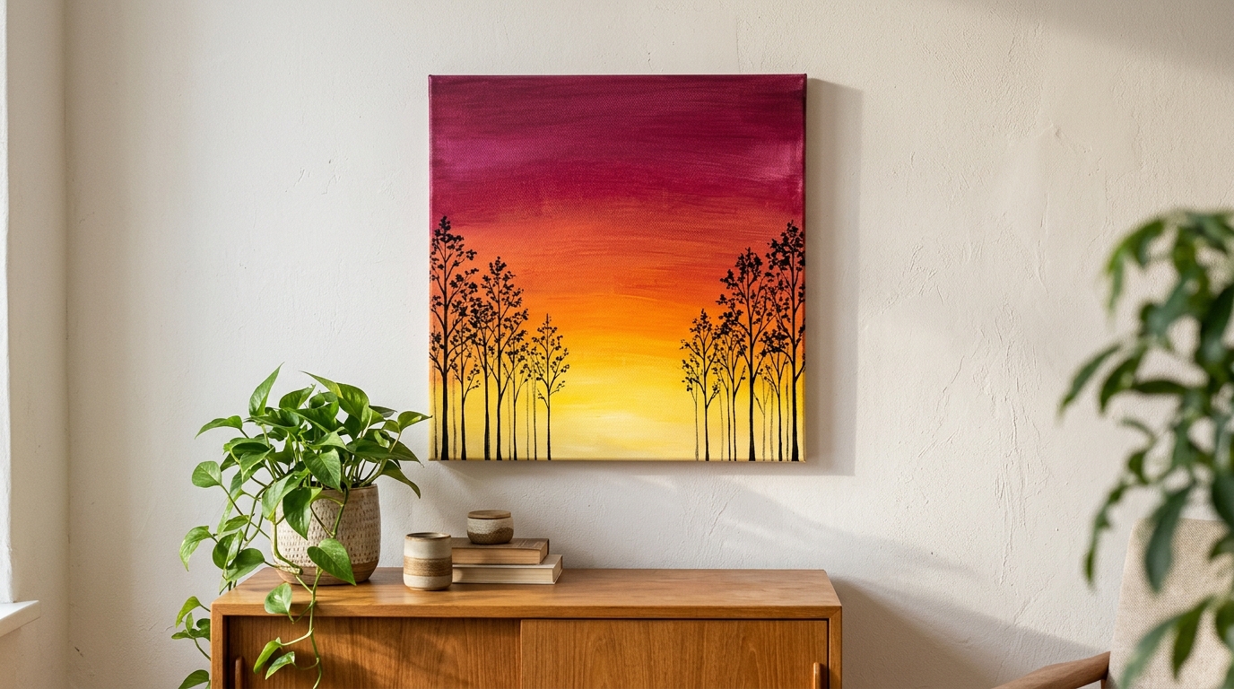 Yellow to magenta ombre sunset with black tree silhouettes on a living room wall