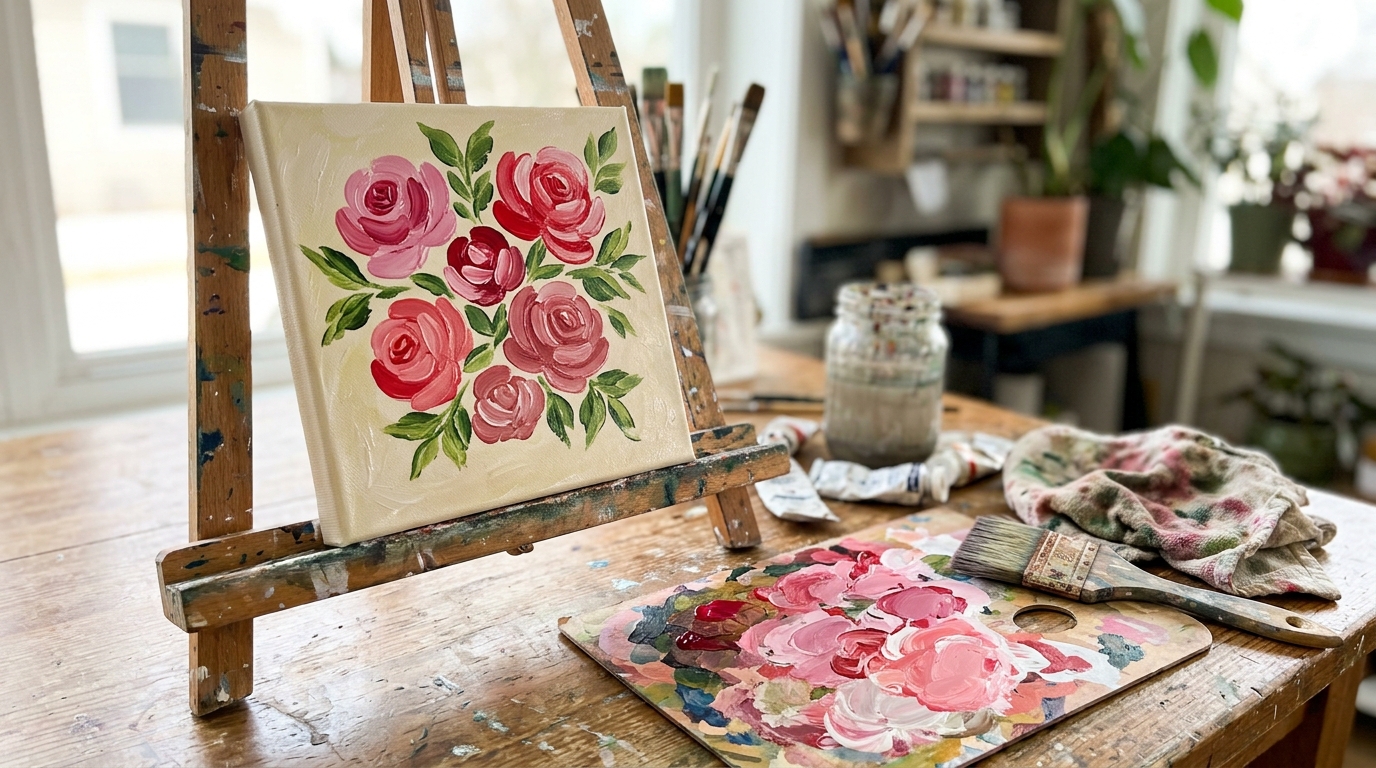 Easy canvas paintings: one-stroke pink roses on a cream canvas on a table easel