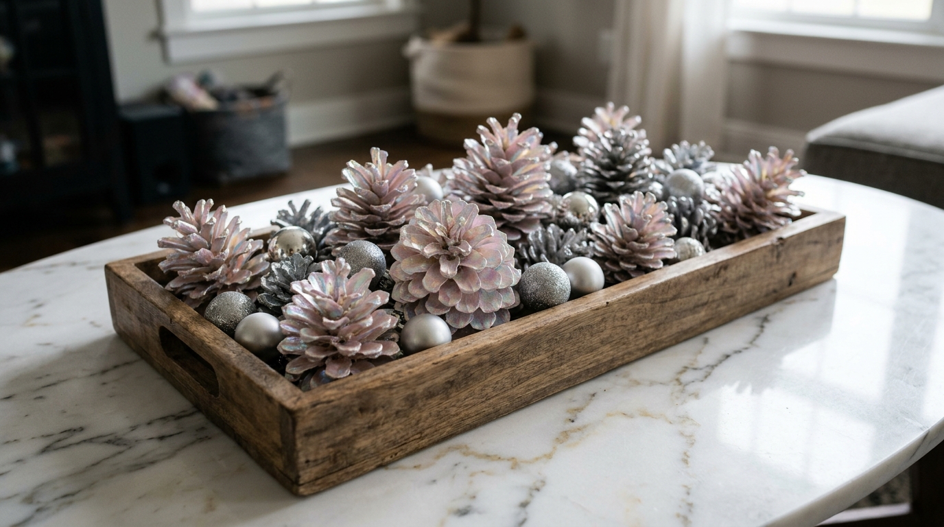 Pine cones painted with a pearly opal finish in a wooden tray